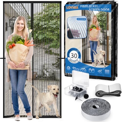 Heavy Duty Door Screen Magnetic Closure, LOVIGA Thickened Fiberglass Screen Door Mesh, Self Sealing, Tear Resistant, Easy Assemble, Fine Mesh Keep Bugs Out Fit Door Size 36 Inch X 78 Inch