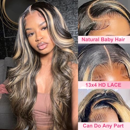 Kephare FB/27 28 Inch Highlight Balayage Wig Human Hair 13x4 HD Lace Front Wigs Body Wave 1B/27 Ash Blonde Omber Lace Front Wigs Human Hair Pre Plucked for Black Women 180% Density