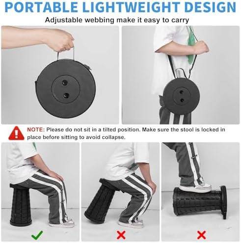 Collapsible Telescoping Portable Stool for Adults, Camping Stools, Upgraded Collapsible Folding Seats with Load Capacity 550lbs, Black