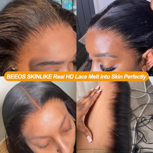 BEEOS SKINLIKE 5x5 Real HD Lace Closure Only, Body Wave Pre-Plucked Bleached Knots Invisible Film Lace Natural Black Unprocessed Human Hair Closure 14 Inch