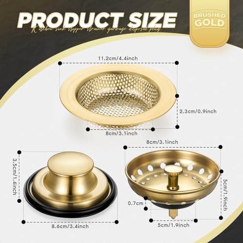 Mudder 3 Pcs Kitchen Sink Drain Strainer and Stopper Stainless Steel Garbage Disposal Plug with Handle Universal Anti-Clogging Kitchen Sink Filter Sieve Basket Strainer(Brushed Gold)