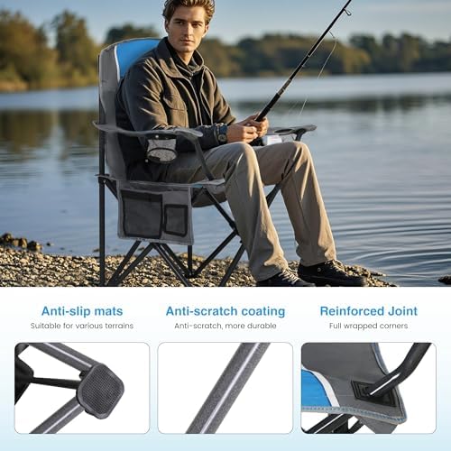 LET'S CAMP Oversized Outdoor Folding Camping Chair, 2 Pack Heavy Duty Arm Chairs with Cup Holder and Storage Bag, 350 LBS Weight Capacity, Blue