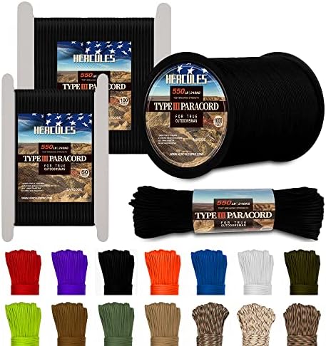 HERCULES Type III Paracord 550 Paracord Rope Parachute Cord, 250' Black Paracord for Survival Paracord, Survival Cord