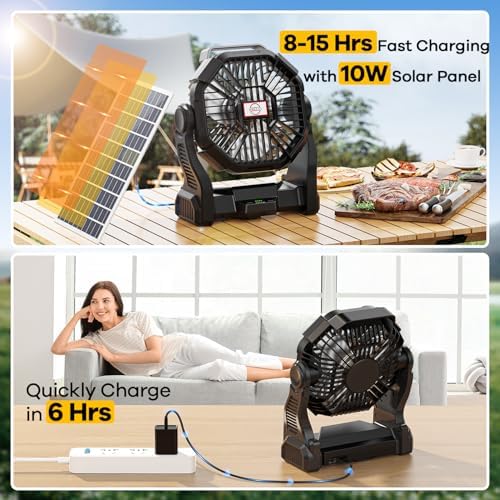 20000mAh Solar Fan with LED Lantern, 10W Solar Panel Rechargeable Battery Powered Camping Fan for Outside, 9 Inch Portable Battery Operated Power Bank for Picnic, Barbecue, Fishing, Travel