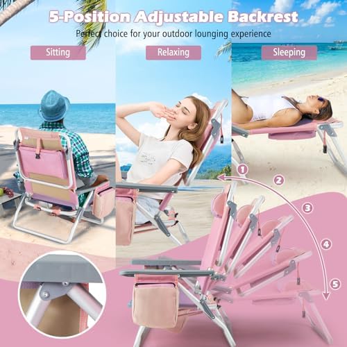 Goplus Beach Chair, Folding Backpack Beach Chairs for Adults with 5 Positions, Head Pillow, Cooler Bag, Towel Bar, Cup Holders, Sunbath Sling Tanning Lounge, Foldable Layout Camping Chairs