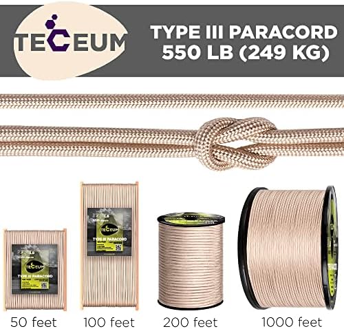 TECEUM 5/32" Paracord Rope 1000 – 1000ft / 200ft / 100ft / 50ft – Tactical Parachute Cord 4mm – 45+ Colors – Nylon String for Survival & Camping Gear – Stripe Cord for Survival – Utility Rope