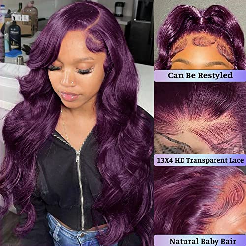 Colorful Bird Dark Purple Human Hair Wig Body Wave Deep Burgundy 13x4 Lace Front Wigs Grape Purple Glueless Wigs 180% Density for Women HD Transparent Lace Front Wigs 18 inch