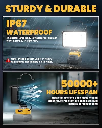 Cordless for Dewalt 20V Max LED Work Light, LIVOWALNY 78W 7800LM 5" 20V Battery Flashlights with USB & Type-C & Low Voltage Protection & 140° Pivoting Head for Emergency, Outdoors and Job Site Light