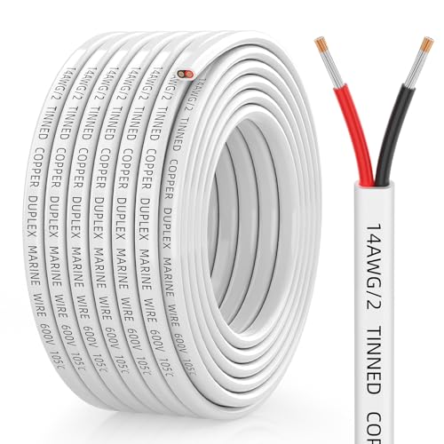 14 Gauge Marine Wire, 14/2 Duplex Marine Grade Cable, IP68 Waterproof/Oxygen-Free Tinned Copper Stranded PVC 14 AWG Wire for Boat, Automotive, RV, Solar, LED Strips (30FT/9M)