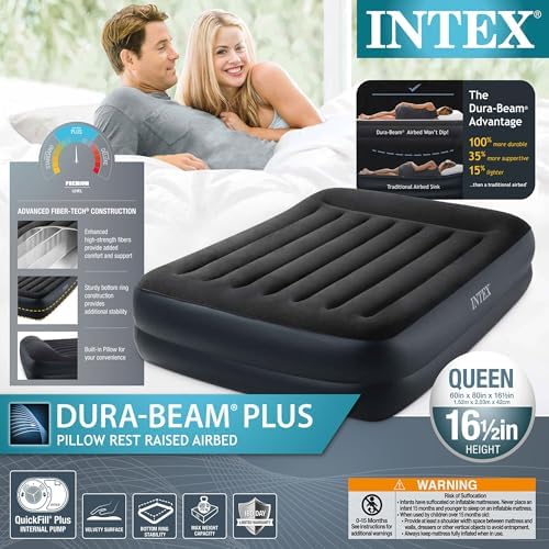 Intex 64123ED Dura-Beam Plus Pillow Rest Fiber-Tech – Queen Size – Built-in Electric Pump – 16.5in Bed Height – 600lb Weight Capacity