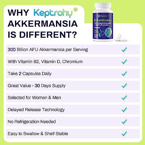 300 Billion AFU Akkermansia Muciniphila - A Live Probiotics for Women Men, for GLP-1, Probiotics for Digestive, Gut, Immune & Overall Health, Enhances Gut Digestive Lining function, 60 Capsules