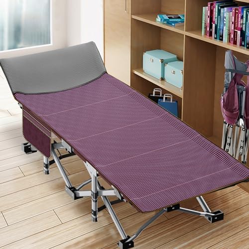 ABORON Folding Camping Cot W/Mat for Adults, Heavy Duty Outdoor Bed with Carry Bag,1200 D Layer Oxford Travel Camp Cots (1, Red Stripe with Blue Pad)