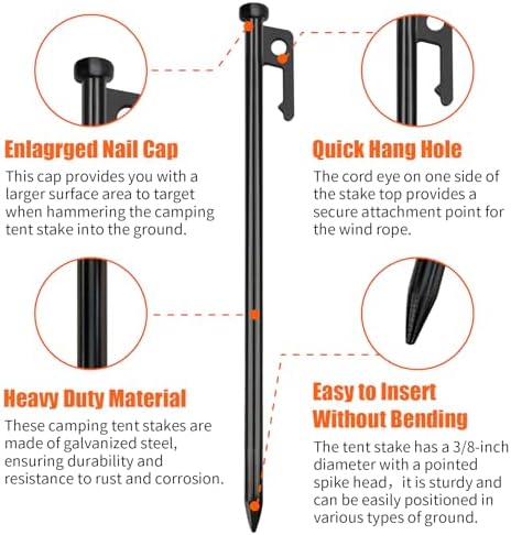 Eurmax USA 10 inch Multiuse Heavy Duty Steel Tent Stakes Tarp Pegs Camping Stakes for Outdoor Camping Canopy and tarp with 4 Ropes 10FT Length