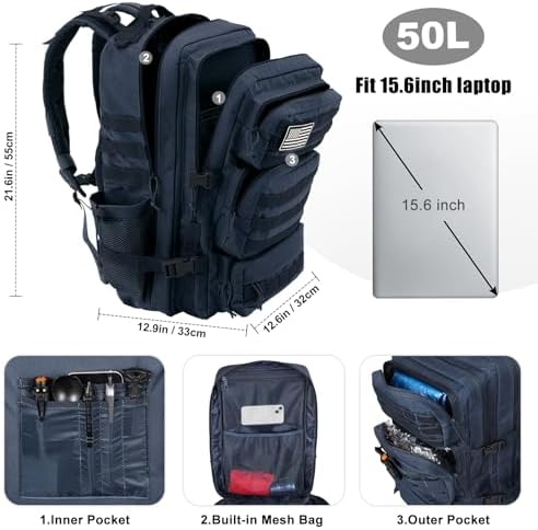 Military Tactical Backpack 50L Large Day Backpack for Men Molle Army 3 Days Assault Pack Bug Out Bag Water Resistant and Heavy Duty Hiking Treeking Rucksack - Dark Blue