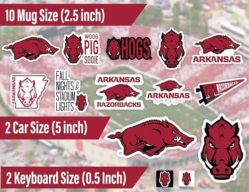 Arkansas Razorbacks Stickers (14 Piece) University of Arkansas Gifts for Men Football Fans for Car Laptop Water Bottle + 2 Large Car Decals, 10 Water Bottle Size, 2 Keyboard Size
