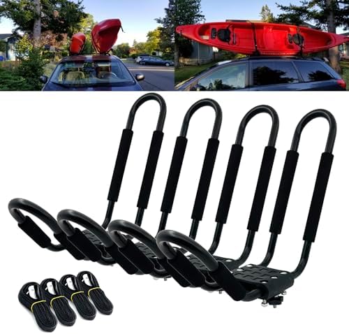Kayak Roof Rack for 2 Kayaks Carrier, Kayak J Bar Hooks Roof Mount Racks for Universal Cars, SUV, Truck, Set of 4