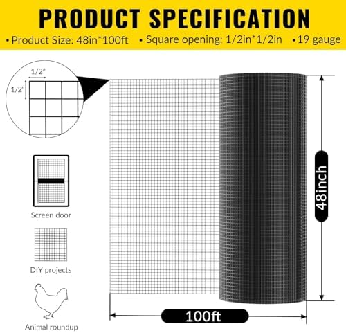 Hardware Cloth 1/2 inch 48 x 100 ft Heavy Duty Black Chicken Wire Fencing 19 Gauge Vinyl Coated Welded Wire Mesh Roll PVC Hardware Cloth Chicken Wire Fencing Garden Fence Tree Guard