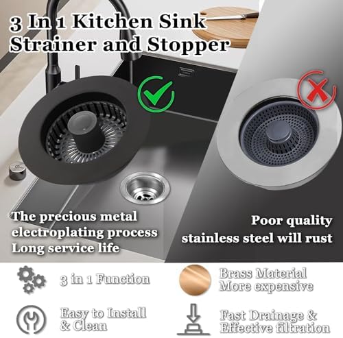 3 in 1 Kitchen Sink Stopper, Pop Up Kitchen Sink Drain Strainer, with an Extra Basket Strainer, Kitchen Sink Drain Stopper for US Standard 3-1/2 Inch, Brass Material Electroplate Black