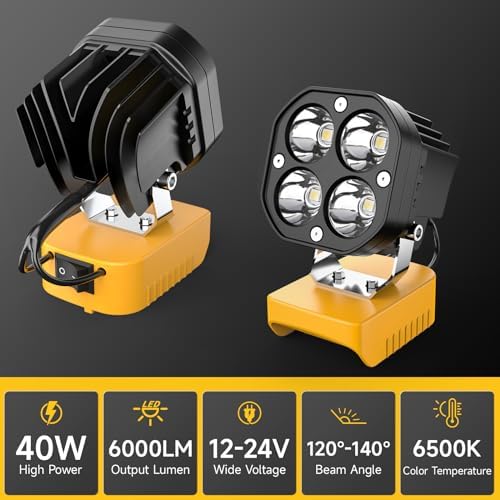 LED Work Light Compatible with Dewalt 20V Battery, 40W 6000LM Flashlight, 20V Battery Cordless Work Light 120°Adjustable with Low Voltage Protection for Outdoors and Job Site Lighting