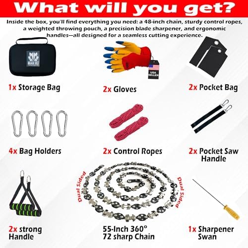55 Inch High Limb Rope Saw with 70 Sharp Teeth, Effortless 360° Arborist Tree Limb Cutter – Dual Sided Chain Cutting Tool for High Branches, Pocket Wire Chain for Outdoor Adventures with Storage Box