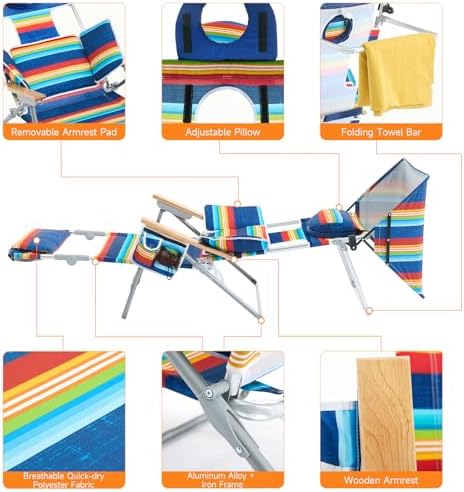 Oversized Heavy Duty Backpack Beach Chair with Sun Canopy, Reclining Lounge Chair Tanning Chair with Face Hole, 5-Position Foldable Camping Chair for Outdoor Sunbathing Beach Patio Pool (Multi Color)