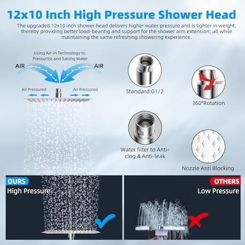 Hibbent All Metal Rain Shower Head, 12'' High Pressure Rainfall Square Showerhead with 16" Shower Head Extension Arm, Solid Brass Adjustable Shower Arm Extender, Waterfall fixed Showerheads, Chrome