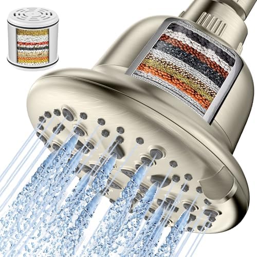 Cobbe Filtered Shower Head, 7 Modes High Pressure Shower Heads - 16 Stage Shower Head Filter for Hard Water for Remove Chlorine and Harmful Substances (Elegant Brushed Nickel, 5 Inch Round)