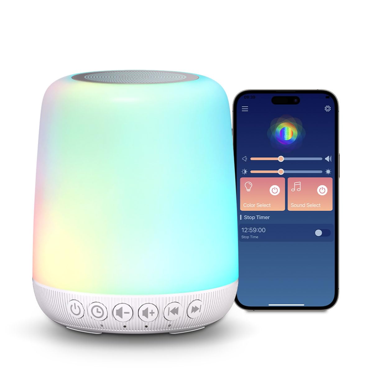 White Noise Sound Machine for Sleep Portable Sound Machine with 30 Soothing Sounds 12 Night Light Colors 4 Timer Sleep Machine for Baby Adults, Smart App Control, Touch Control