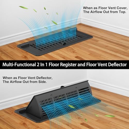 2-in-1 Vent Deflectors & Floor Vent Covers, Adjustable Floor Register 4x10, Air Vent Deflector for Home Floor, Office, Ceiling, Tool-Free Install, Black, 2 Pack