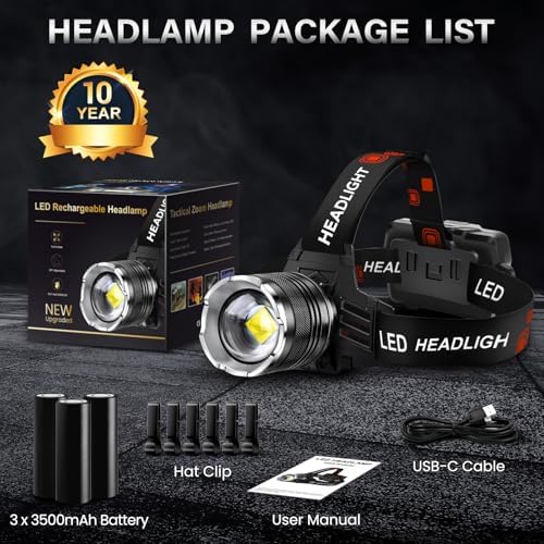 AKNEAR LED Rechargeable Headlamp 2980 High Lumens, 95 Hours Endurance Head Lamp with Zoomable & 12 Modes & IPX7 Waterproof & 125ยฐ Adjustable, Super Bright Head Light for Outdoor, Camping, Hard Hat