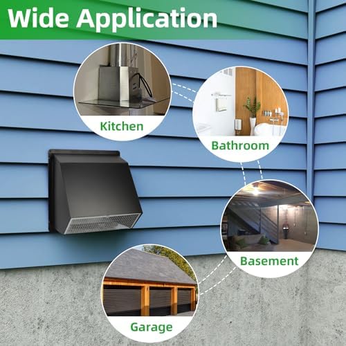 6 Inch Wall Vent Hood,Exterior Wall Exhaust Vent Cover,Dryer Vent Cover Outside with Screen and Damper,External Extractor Wall Vent Cap for Range Hood Kitchen Outdoor Air Vent,Galvanized Steel,Black