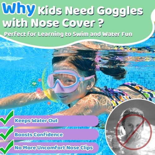 Vvinca Swim Goggles with Nose Cover, 2 Pack Wide View Diving Mask Anti-Fog UV No Leak Toddlers Swimming Goggles for Kids 3-15