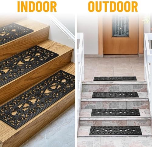 Ottomanson Indoor/Outdoor Hose-Wash Iron Wrought Design Non-Slip Rubber 10" x 30" Modern Stair Treads for Stairs, Garage, Patio, 5 Pack, Black Wrought