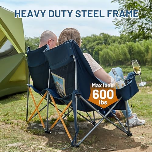 TIMBER RIDGE Fully Padded Double Camping Chair, Heavy Duty Outdoor Folding Camp Couch, Loveseat Camping Chairs Perfect for Campsites, Patio/Lawn, Soccer Games or Other Youth Sports, Supports 600 lbs