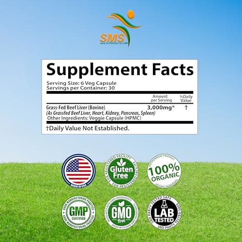 Beef Organ Supplement - Grass Fed & Pasture Raised - Total Body Wellness & Performance, Organ Complex with 3000mg of Desiccated Beef Liver, Heart, Kidney, Pancreas, Spleen (180 Capsules)