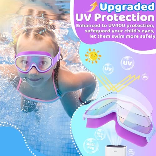 Vvinca Kids Goggles with Comfort Fabric Strap, Kids Swim Goggles Wide View Anti-Fog/UV No Leaking Swimming Goggles for 3-14