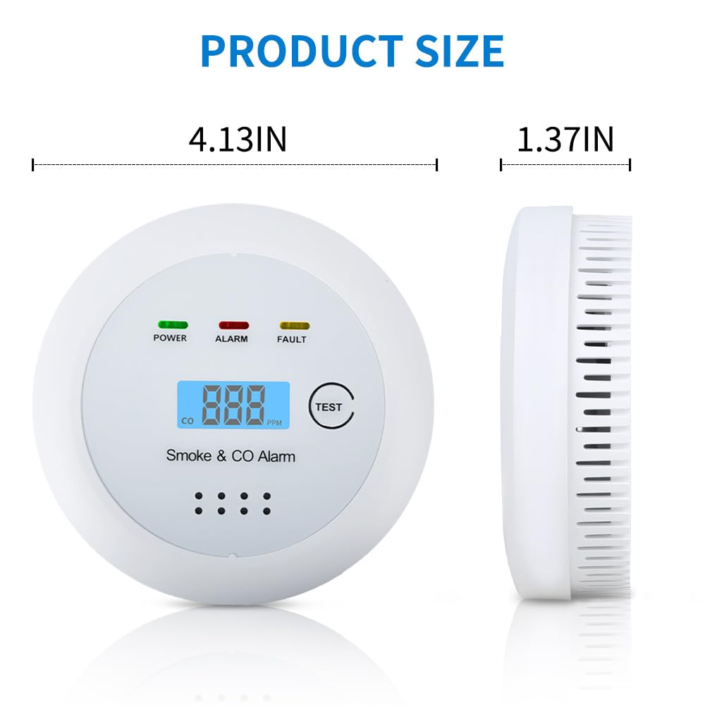 2 in1 Smoke Detector Carbon Monoxide Detector Combo,with LCD Digital Display and Sound Warning Test Button,Battery Powered,Easy Installation, for Home, Bedroom, Kitchen (1PACK)