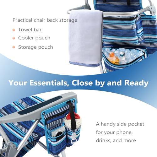 5-Position Aluminum Lay Flat Tall Backpack Beach Chairs 2 Pack, Compact Portable Beach Chairs for Adults with Cooler Pouch, Storage Pouch, Towel Bar, Cup Holder & Phone Holder, Blue Stripe