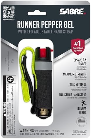 SABRE Runner Pepper Gel, Maximum Police Strength OC Spray, Reflective Hand Strap for Easy Carry & Quick Access, 0.67 fl oz, Secure & Easy to Use Safety, Optional Clip-On Alarm & LED Armband Combos