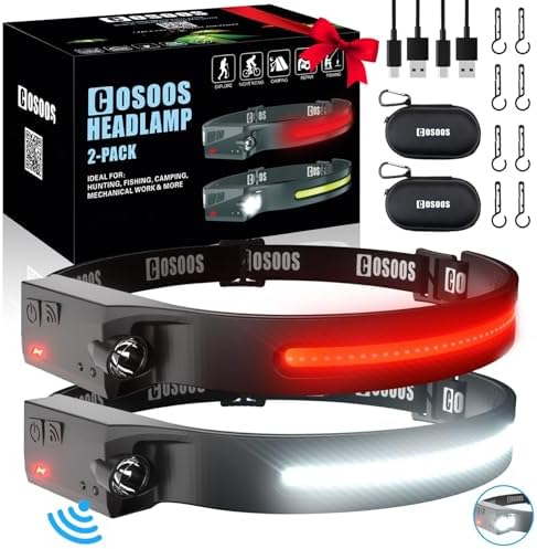 COSOOS Original 2 Rechargeable Headlamp Flashlight w/Red Light & Carry Case,1000 Lumen Bright LED Head Lamp Wide Beam, Motion Sensor, 2.4 oz Lightweight Headlight for Hiking & Camping Gear