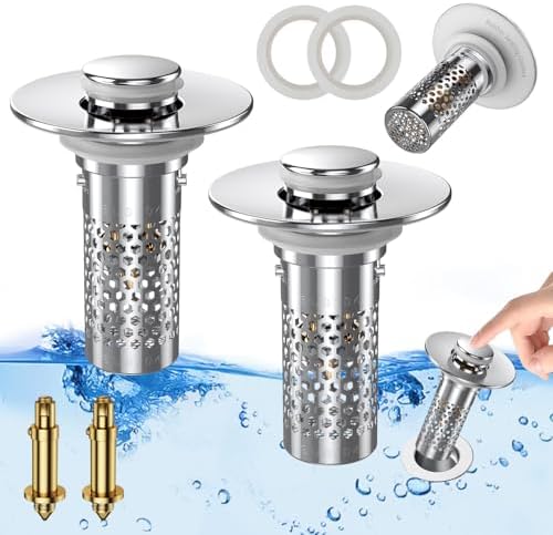 Bathroom Sink Stopper Hair Catcher, Pop-up Sink Drain Strainer with Removable Stainless Steel Strainer Basket Hair Catcher, Bathroom Sink Strainer for Bathroom Sink Stopper Replacement.(New-2PCS)