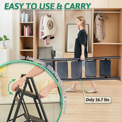 5 Step Folding Heavy Duty Step Ladder, 330 Lbs Load, Black, Iron & Plastic, 46 Inch Tall, Anti-Slip, Multi-Position, Indoor/Outdoor