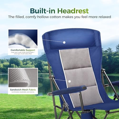 ALPHA CAMP Oversized Folding Camping Chairs High Backrest Heavy Duty Lawn Chairs for Adults Support 500 LBS Portable Camp Chairs with Cup Holders Large Side Pocket for Outdoor