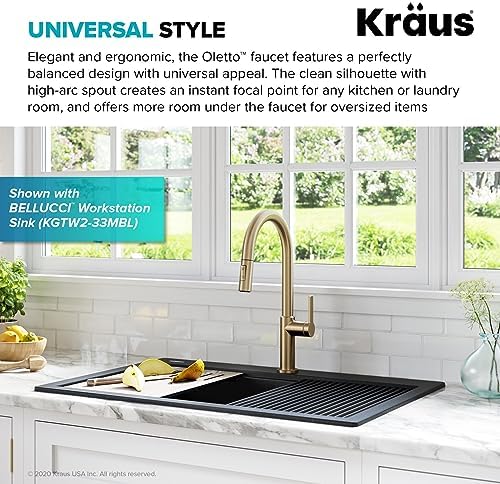 KRAUS Oletto Single Handle Pull Down Kitchen Faucet in Spot Free Antique Champagne Bronze, KPF-2820SFACB