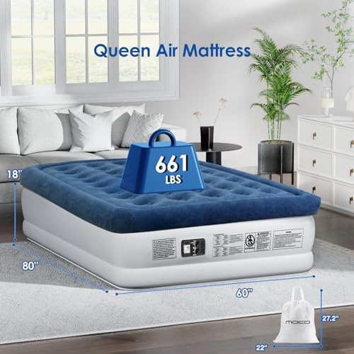 MoKo Air Mattress Queen with Built in Pump, 18'' Luxury Inflatable Mattress, 3 Min Fast Blow up Mattress with Dual-Chamber, Comfort Top - Velvety Air Bed for Home, Camping, Travel, Guests, White/Blue