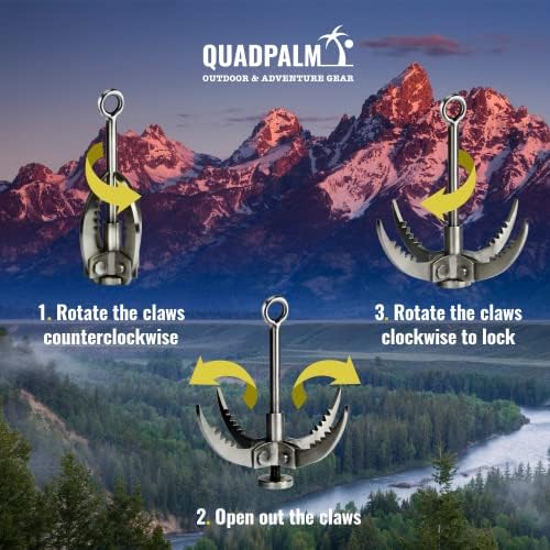 Grappling Hook with 10m Rope – Multifunctional QUADPALM Grapple Hook - 4 Stainless Steel Folding Claws - Heavy Duty - Outdoor Camping Hiking Tree Rock Mountain Climbing Equipment