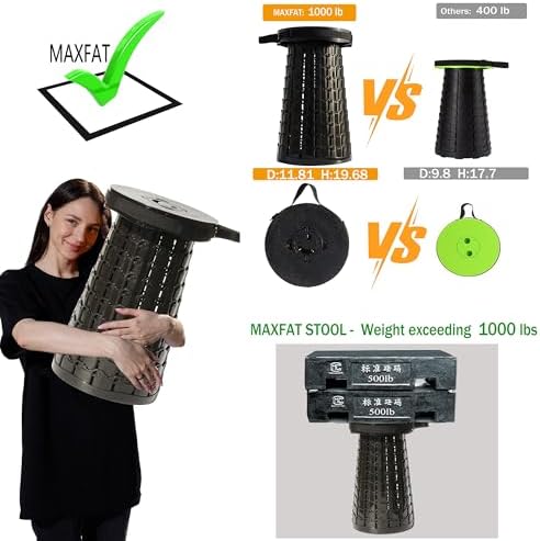 ALEVMOOM Upgraded XXL 19.7" Portable Collapsible Stool with Cushion,Telescoping Folding Stool for Adults,Yet More Sturdy Camping Stool with Load Capacity 1000lbs,for Outdoor Garden Hiking BBQ