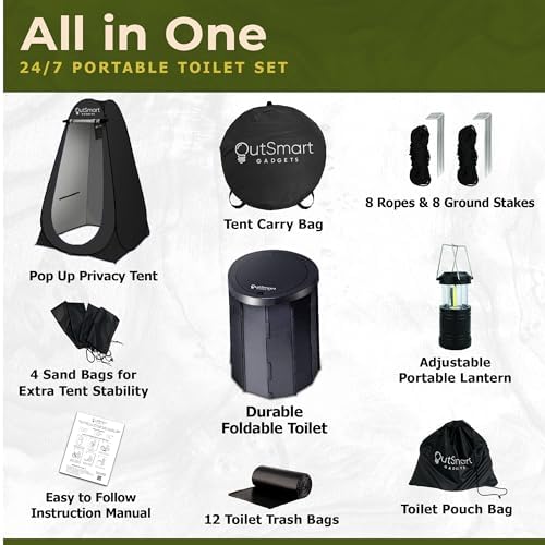 Outdoor Portable Toilet Set for Adults with Camping Night Lantern, Folding XL Toilet, Pop Up Privacy Tent and Carry Bags, Multipurpose Potty, Washable and Foldable for RV Travel