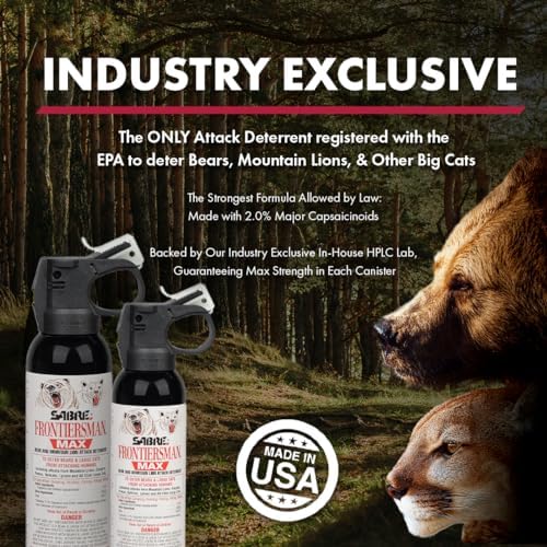SABRE Frontiersman MAX Bear Spray – 40 ft Range, Maximum Strength, The Only EPA-Registered Spray for Bears & Mountain Lions, 9.2 oz, Glow Safety Clip, Outdoor Hiking & Camping Protection