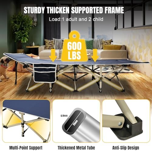 YELLOW JACKET Folding Camping Cot for Adults,600LBS Max Load,28" Wide Sleeping Cot with Removable Thick Mattress Portable Foldable Camping Bed with Carry Bag for Camp,Home,Office,Travel,Blue